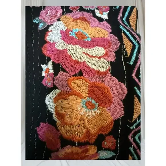 Savanna Jane Boho Embroidered Floral Blouse Black Metallic Stripe Peasant Top L - Picture 2 of 9